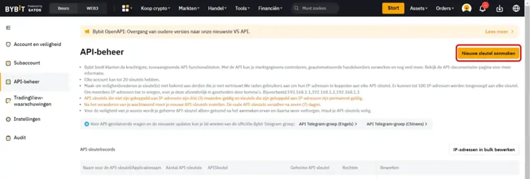 Screenshot van Bybit met een aanwijzing voor nieuwe sleutel maken