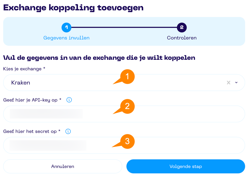 Een screenshot van de Portfolio App met schermonderdeel aanwijzingen voor het exchange koppeling toevoegen scherm