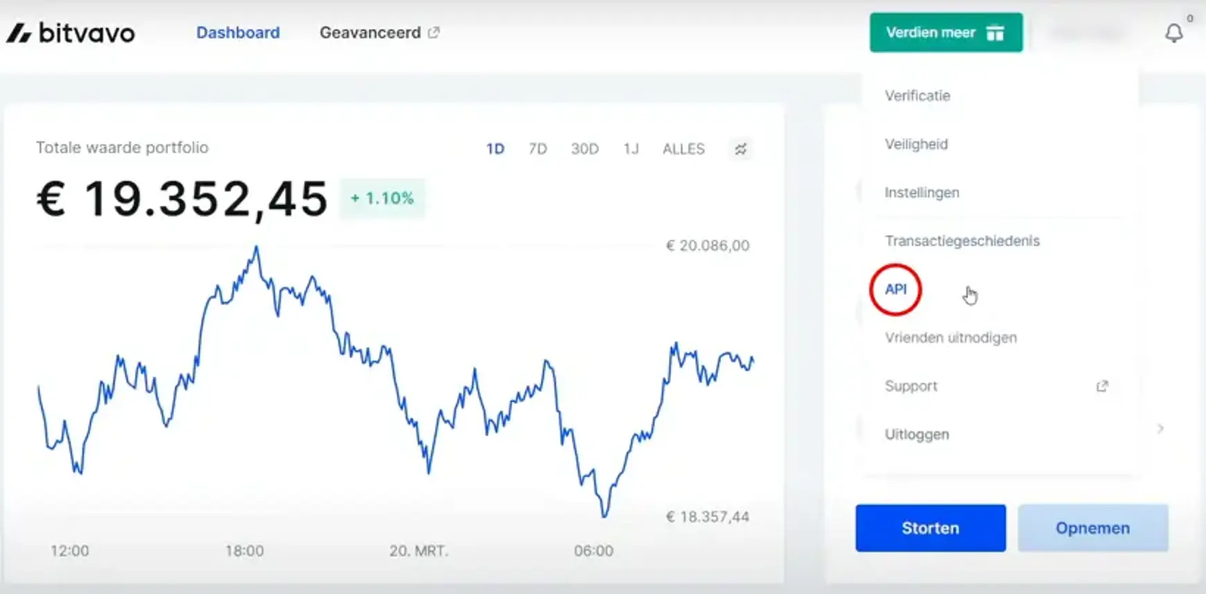 Een screenshot van Bitvavo Dashboard scherm