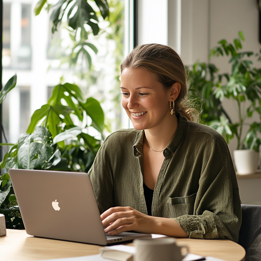 Een glimlachende vrouw die naar op een laptop aan het werk is met planten in de achtergrond.
