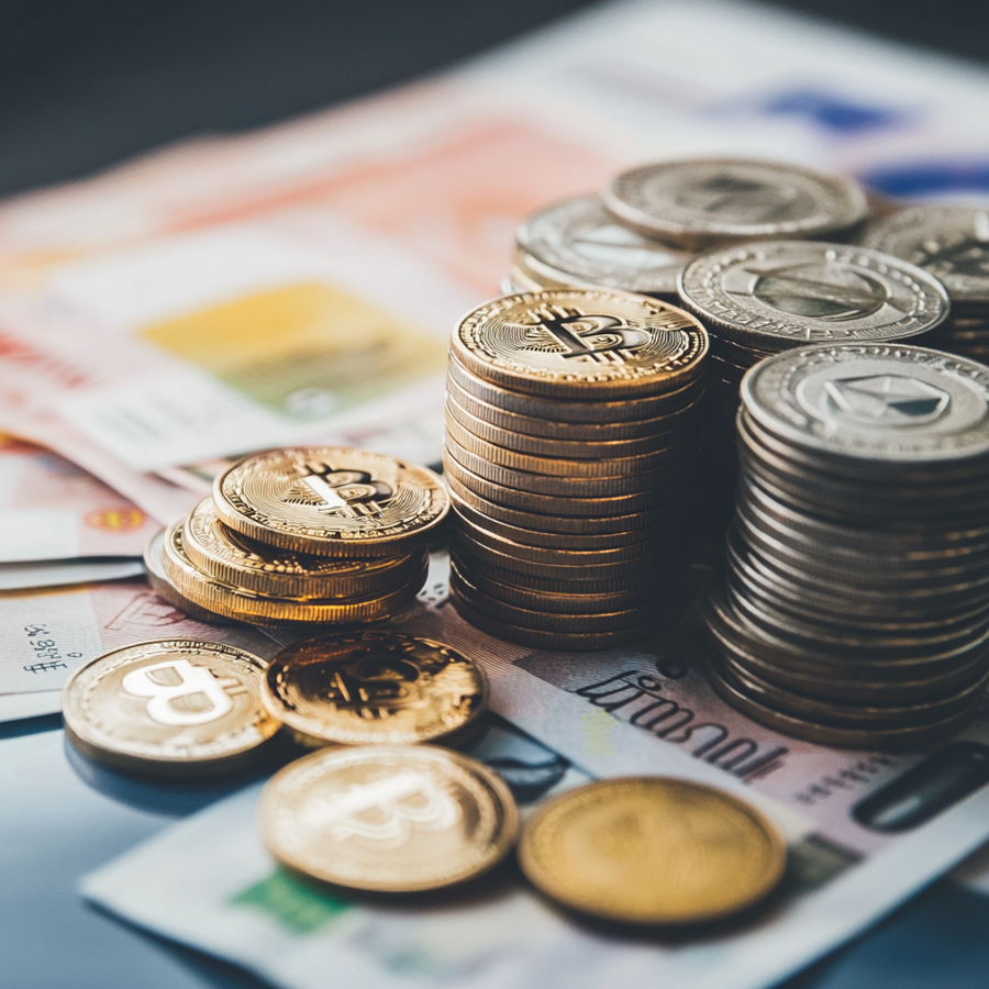 een stapel bitcoins en andere munten op bankbiljetten