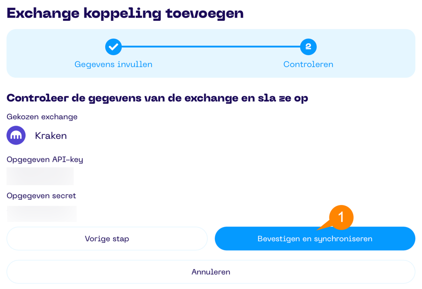 Een screenshot van de Portfolio App met schermonderdeel aanwijzingen voor het exchange koppeling toevoegen scherm