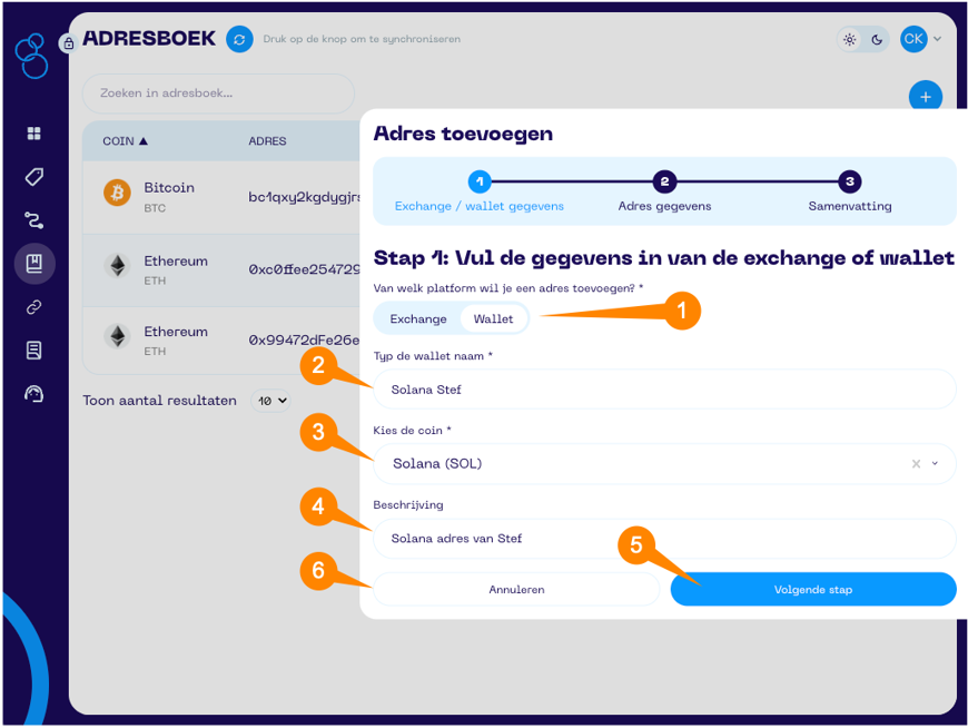 Een screenshot van de Portfolio App met schermonderdeel aanwijzingen voor het adres toevoegen scherm