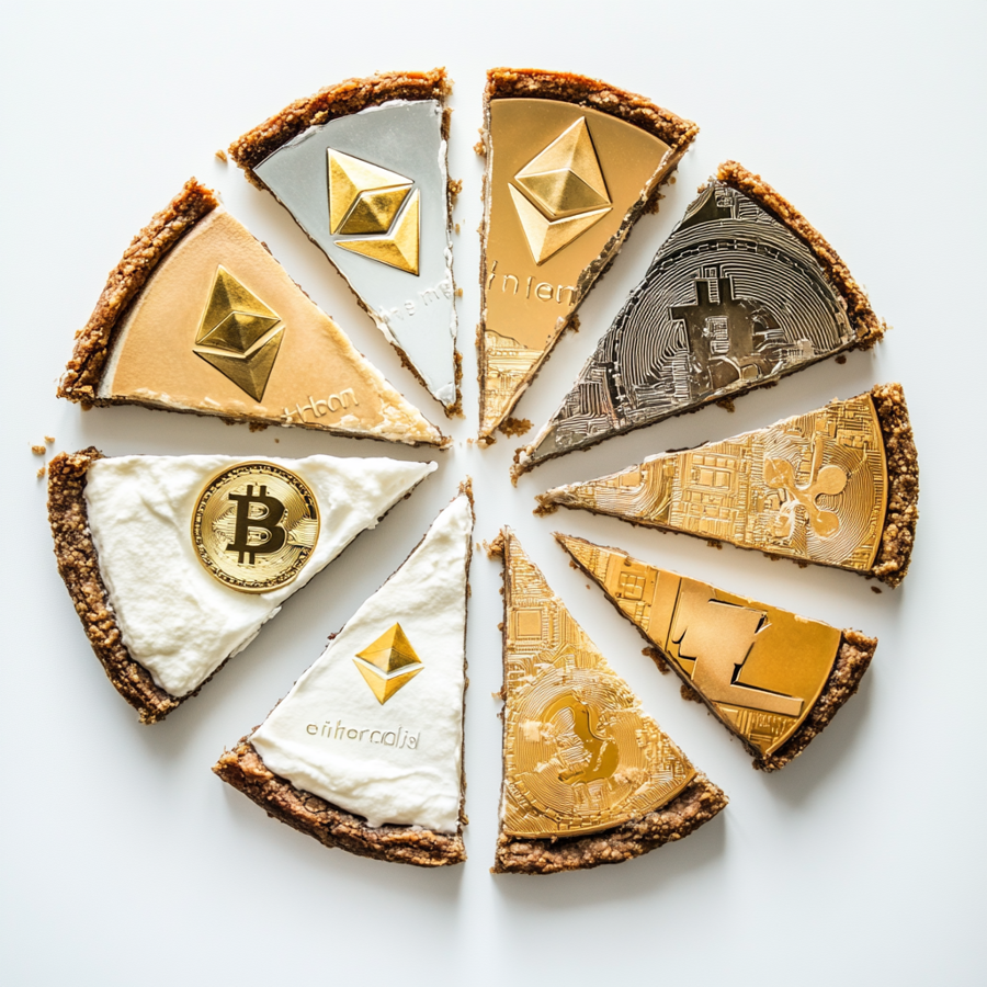 Een bovenaanzicht van een taart met daarop crypto tekens