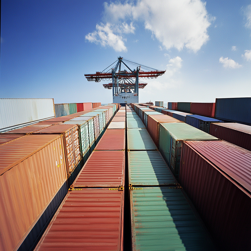Een containerschip met veel kleurige containers met het stuurhut in zicht