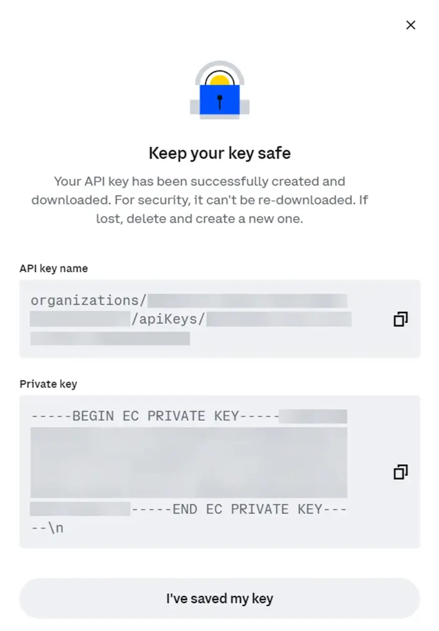Screenshot van Coinbase met de api sleutel informatie