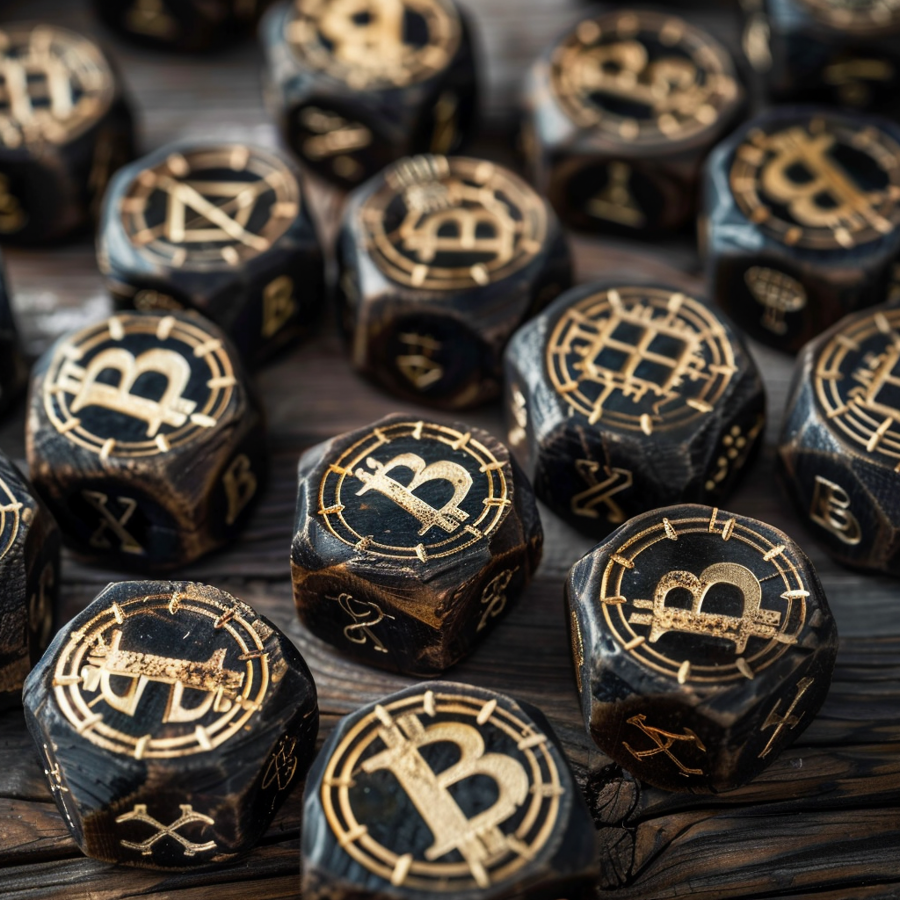 Meerdere dobbelstenen met daarom de teken van Bitcoin.